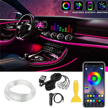 LED Car Interior Ambient Strip Lights RGB Fiber Optic Atmosphere Neon Lighting Kit W/ APP Remote Control Auto Decorative Lamps